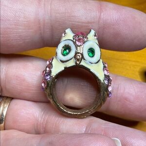 Anna Sui Owl Ring – Cream Enamel Owl Face w/ Green Rhinestone Eyes Size 6